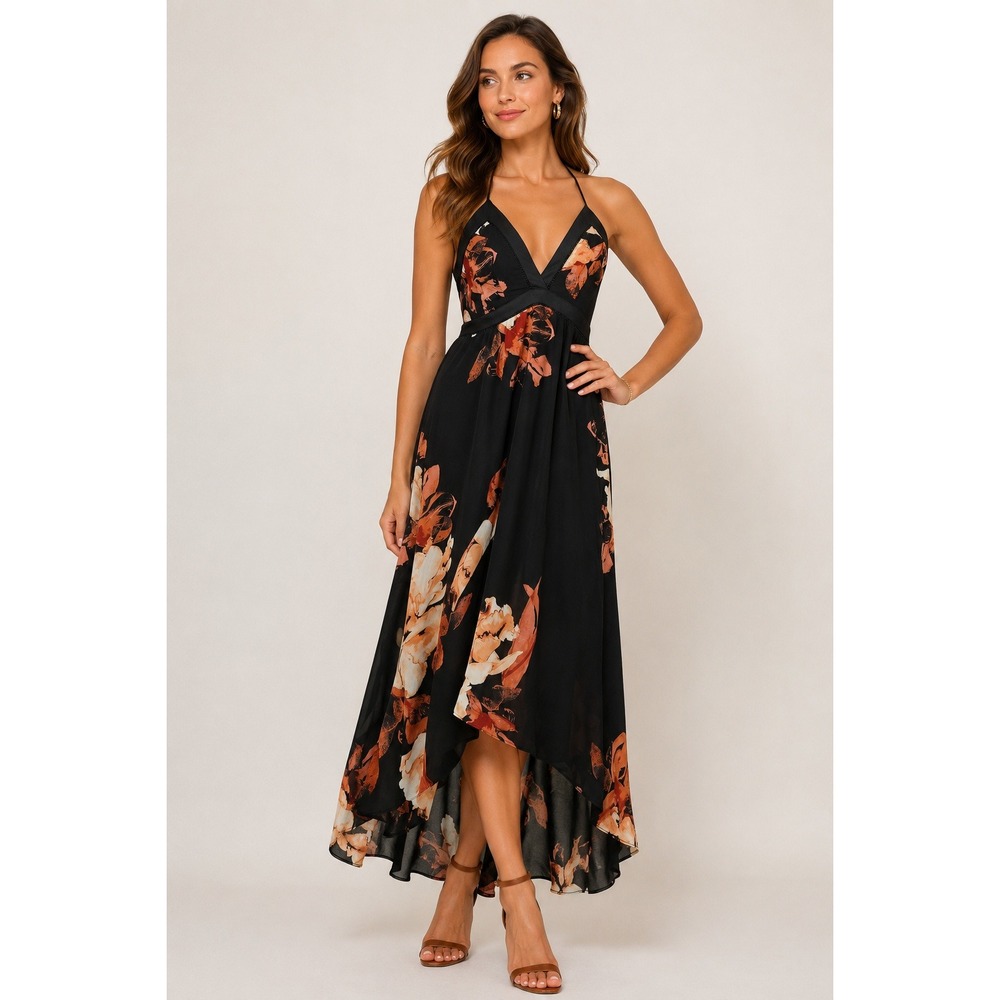 White House Black Market Womens Halter High-Low Maxi Dress Size 2 Black Floral